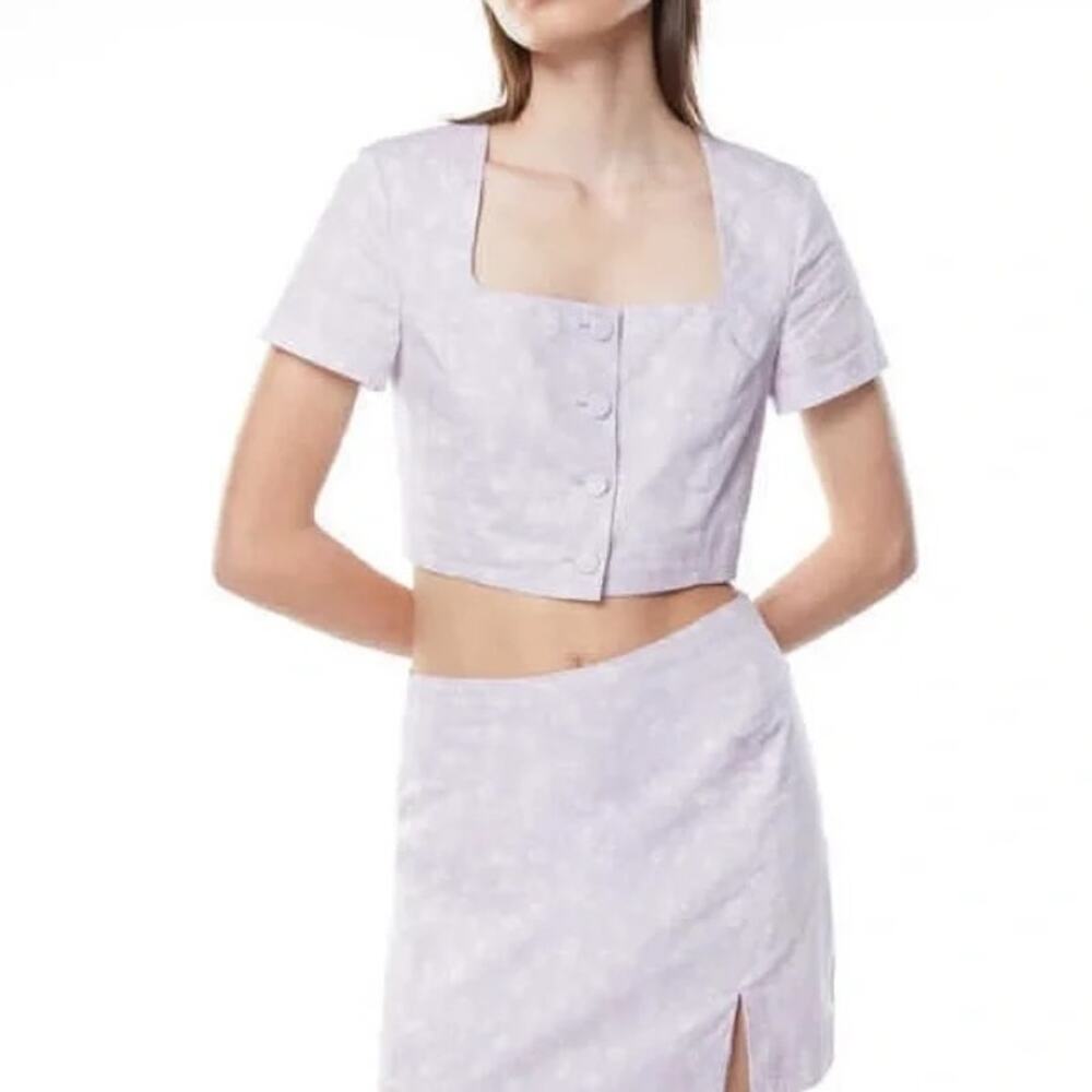 Oak + Fort Cropped Short Sleeve Button-Up, Floral Lilac Purple, Medium